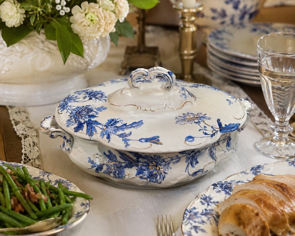 Antique Ridgways England Blue Floral Gold Covered Tureen Serving Dish 9 Inch